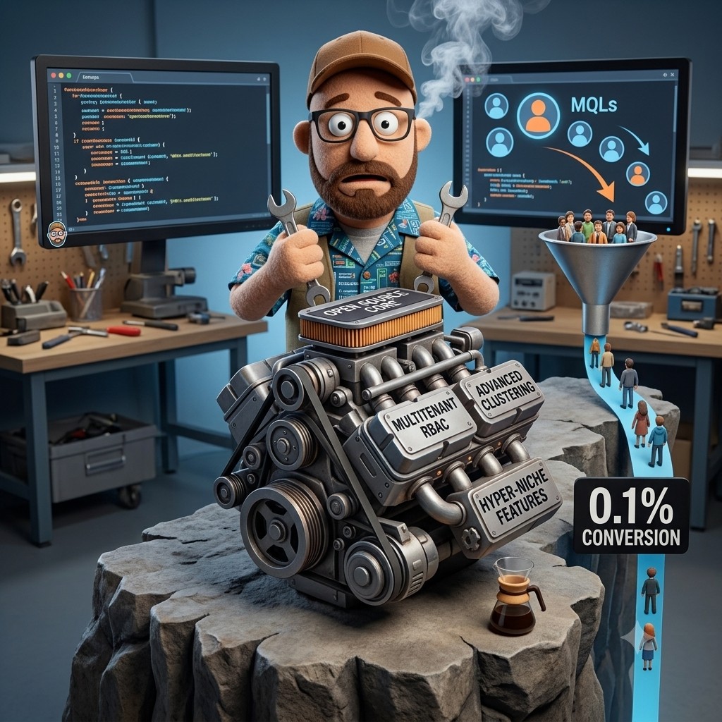 The Overloaded Developer attempting to manage a bloated, complex, sparking Open Source Core engine loaded with unnecessary ‘Enterprise-Grade’ features