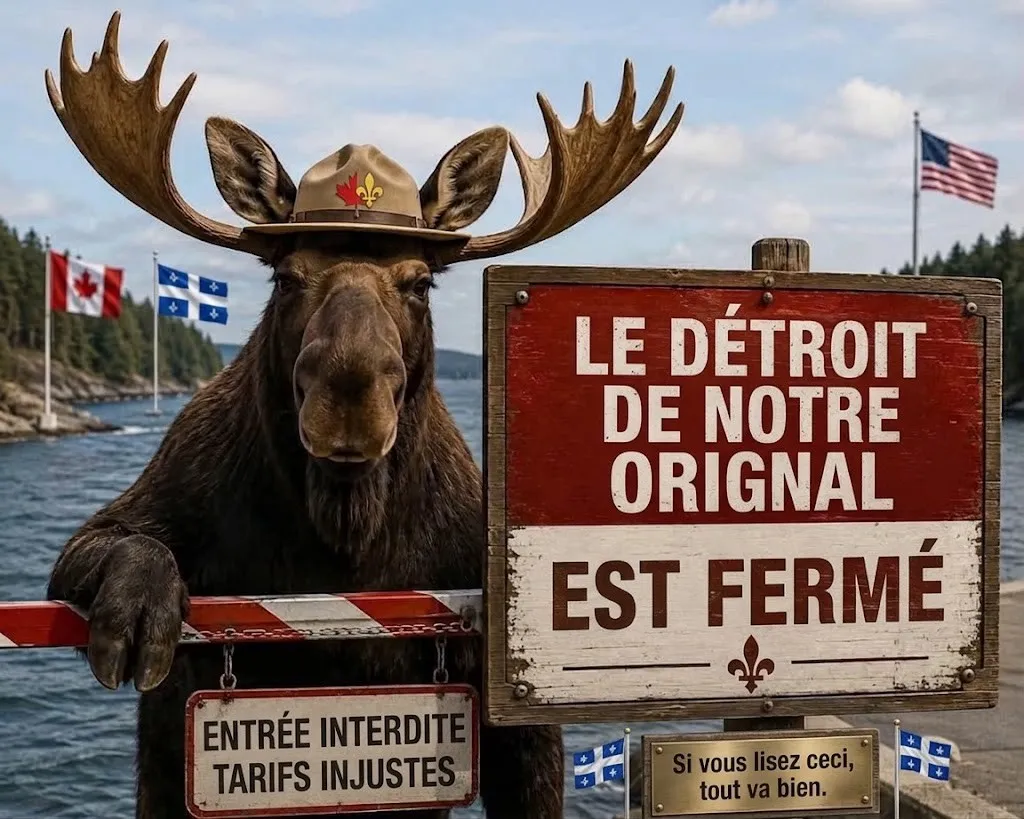Un orignal avec un chapeau de la GRC bloque une barrière frontalière. Pancarte : le détroit de notre orignal est fermé — entrée interdite, tarifs injustes.