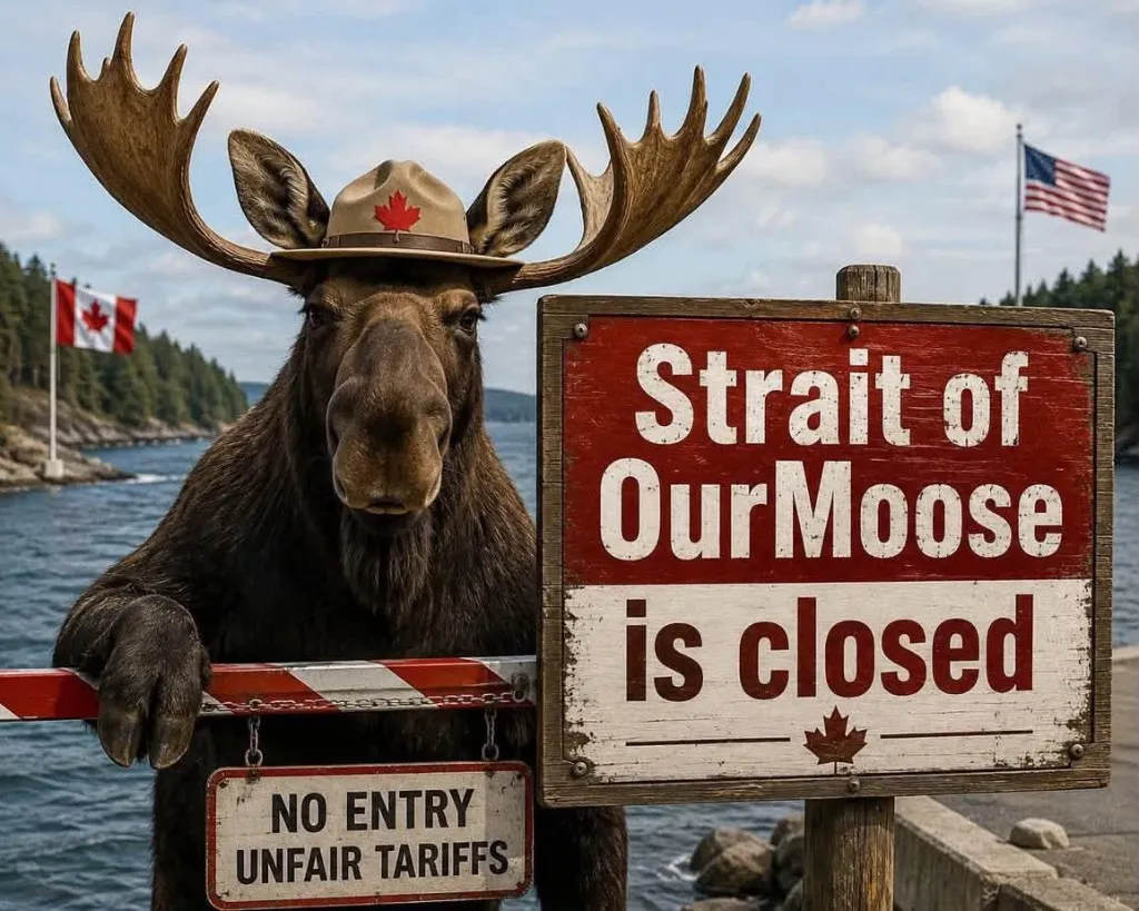 A moose in an RCMP-style hat blocking a border barrier. Sign reads the strait is closed due to unfair tariffs.