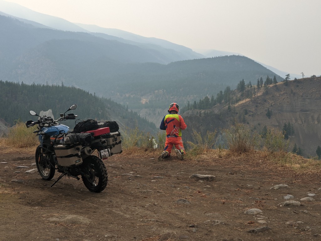 F800GS with aluminum panniers overlooking a mountain valley