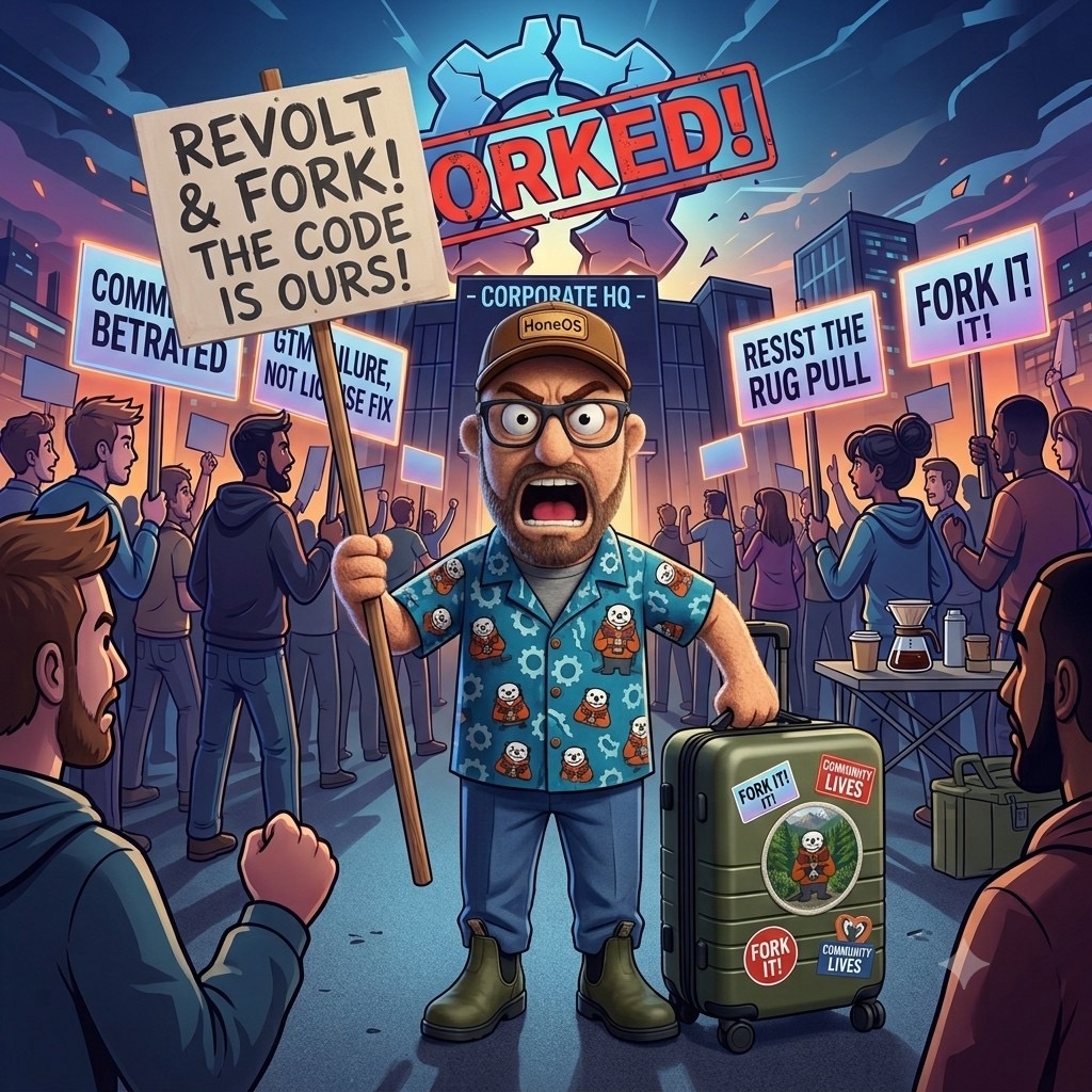 Rebellious programmer figures protesting outside a building labeled ‘CLOSED SOURCE LICENSE CHANGE’ with a giant cracked open-source logo stamped ‘FORKED!’ in the background